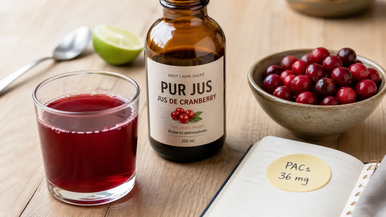 Bienfait du jus de cranberry : verre de pur jus rouge et canneberges, anti-cystite