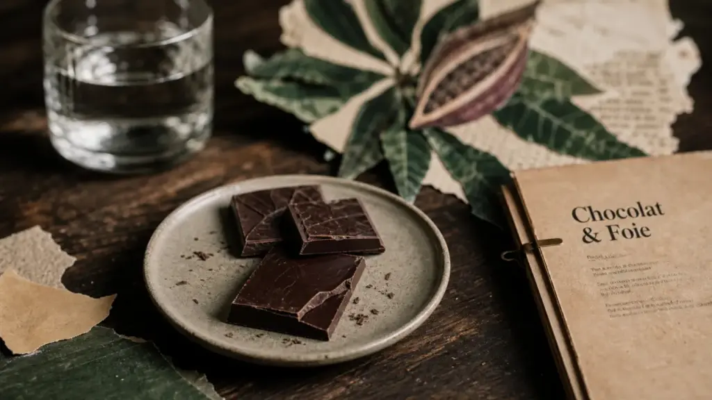 Bienfaits du chocolat noir sur le foie : 3–4 carrés 70% sur assiette