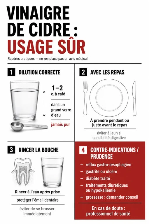 Vinaigre de cidre bienfait : dilution, usage sûr et contre-indications