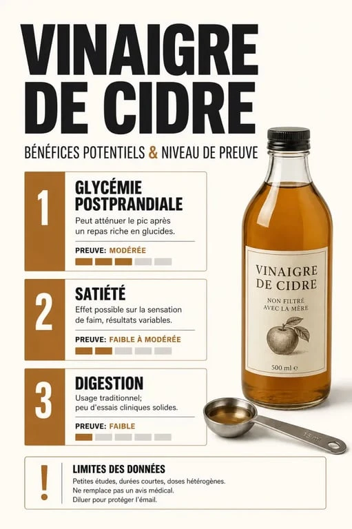 Vinaigre de cidre bienfait : effets documentés sur la glycémie et la satiété