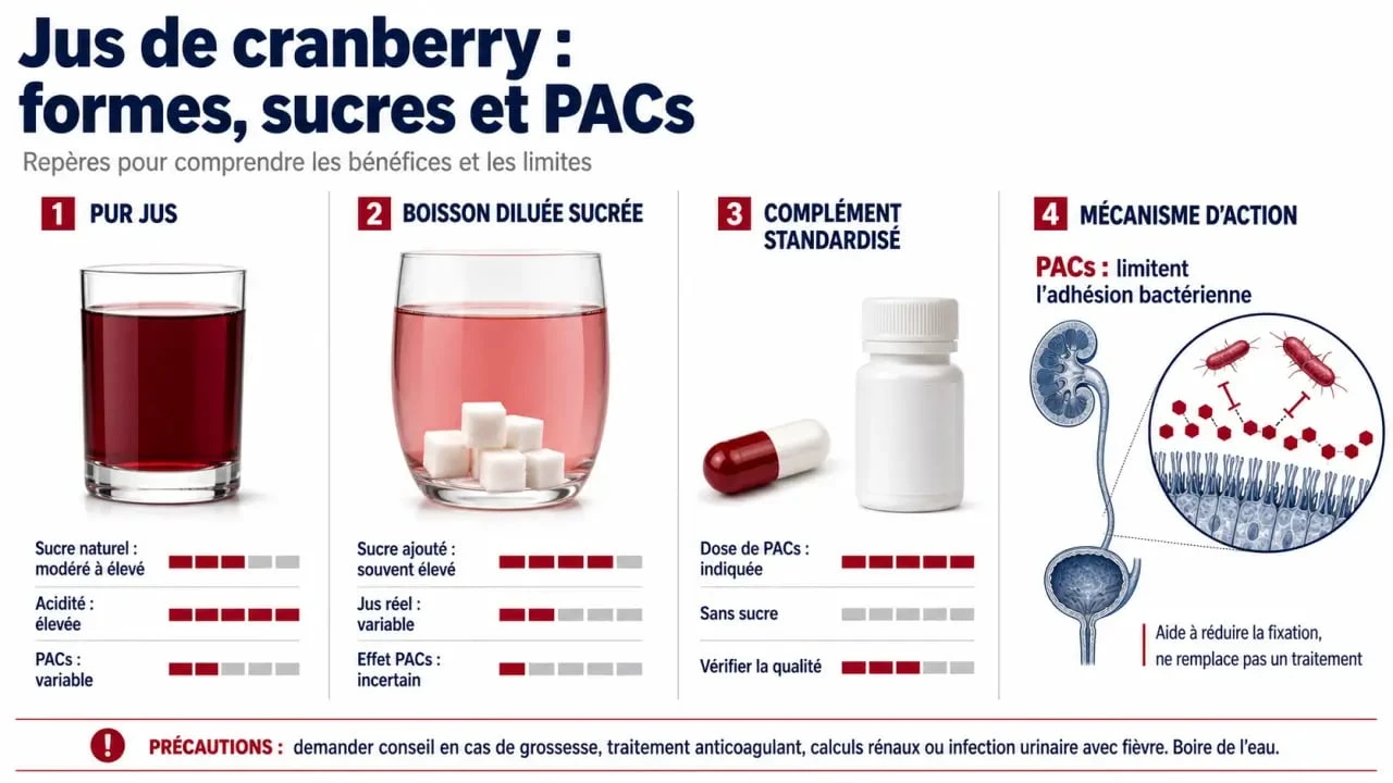 Bienfait du jus de cranberry : schéma des PACs, du sucre et du bon dosage