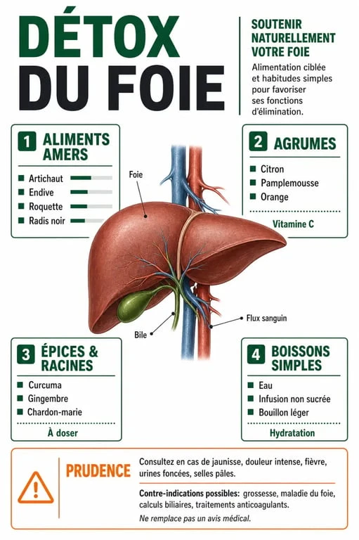 Infographie sur la détox du foie avec aliments utiles, boissons simples et précautions