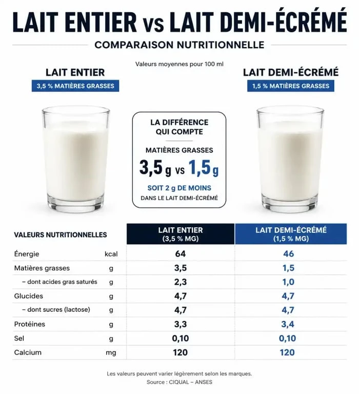 Infographie comparative des valeurs nutritionnelles entre le lait entier et le lait demi-écrémé