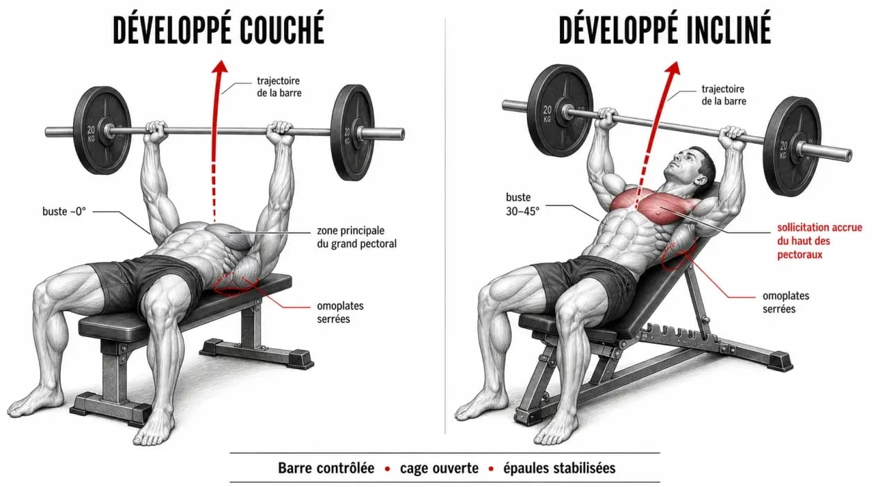 Exercice pectoraux : schéma du développé couché et du développé incliné avec angles de travail des pectoraux