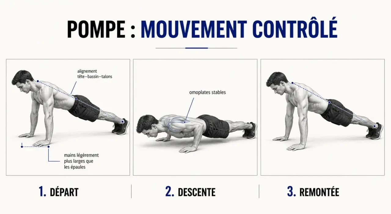 Exercice pectoraux : schéma des pompes correctes avec corps aligné et amplitude contrôlée