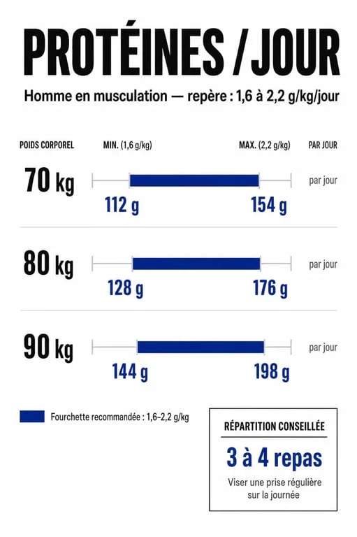 Quantité protéine par jour musculation homme : repères en g/kg selon le poids et l’objectif