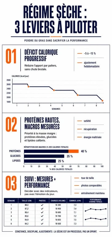 Régime sèche : infographie sur le déficit calorique, les macros et le suivi des progrès