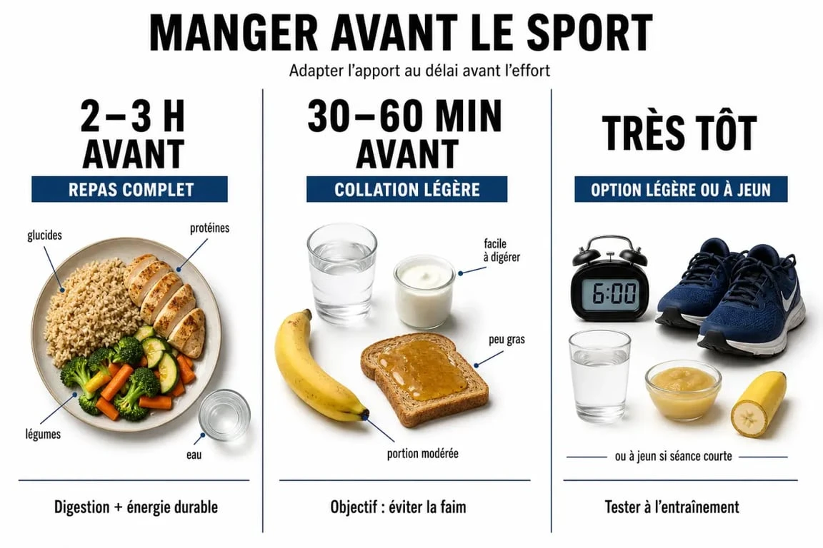Infographie sur manger avant le sport avec les bons timing et exemples d’aliments