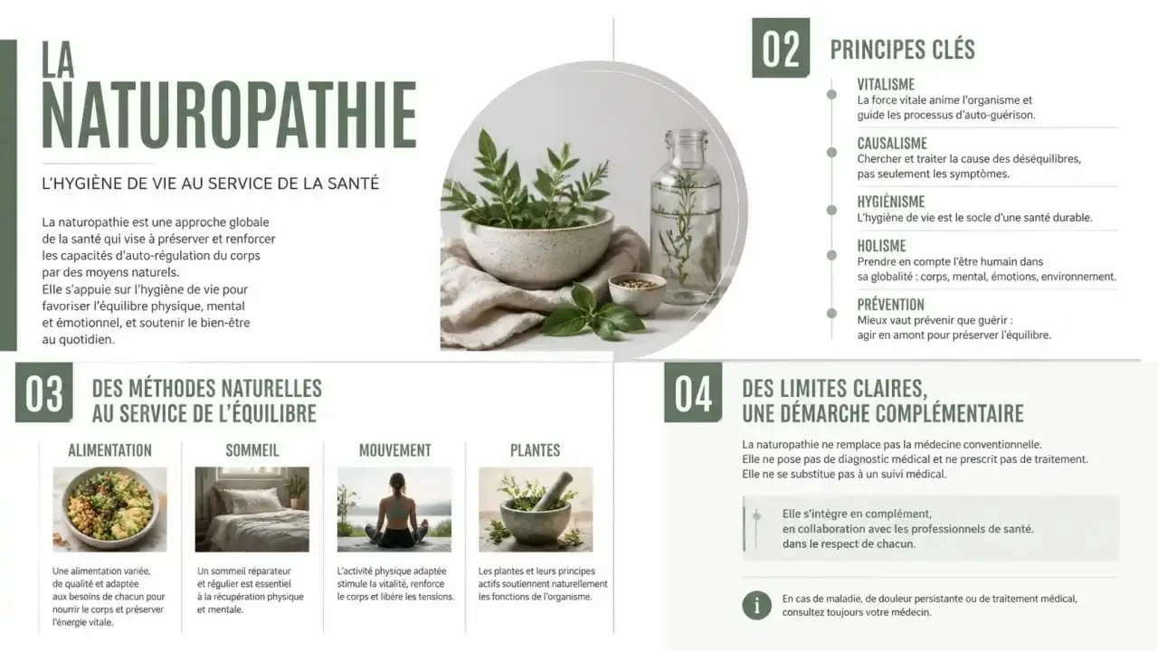 Naturopathie : définition, principes, méthodes et limites dans une illustration éditoriale claire