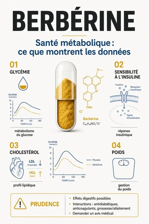 Berberine bienfaits : infographie sur la glycémie, le cholestérol, le poids et les précautions