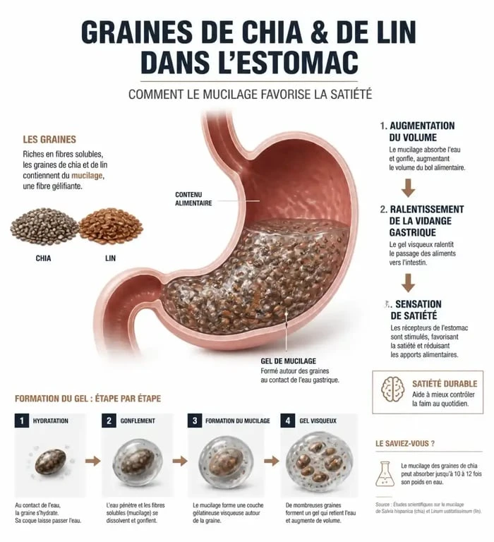 Infographie illustrant le mécanisme des graines pour maigrir rapidement par la satiété