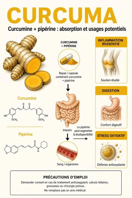 Infographie sur les bienfaits du curcuma, la curcumine, la pipérine et les précautions d’emploi