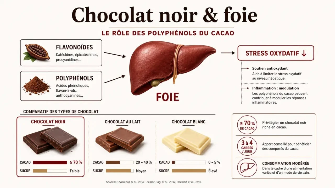 Bienfaits du chocolat noir sur le foie : infographie scientifique sur les flavonoïdes, le stress oxydatif et la consommation modérée