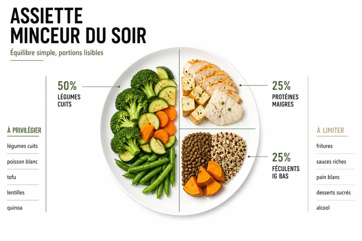 Que manger le soir pour maigrir : assiette équilibrée du soir avec légumes, protéines et féculents