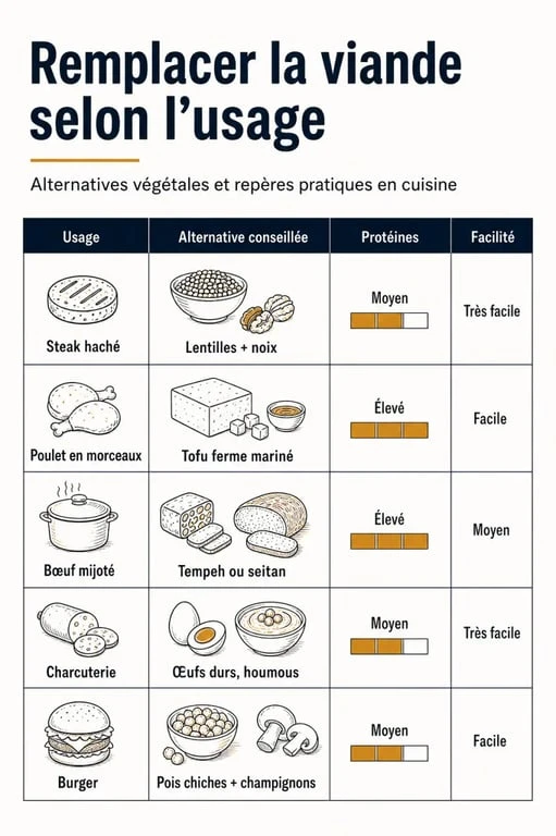 Infographie remplacer la viande par quoi avec alternatives, protéines et usages culinaires