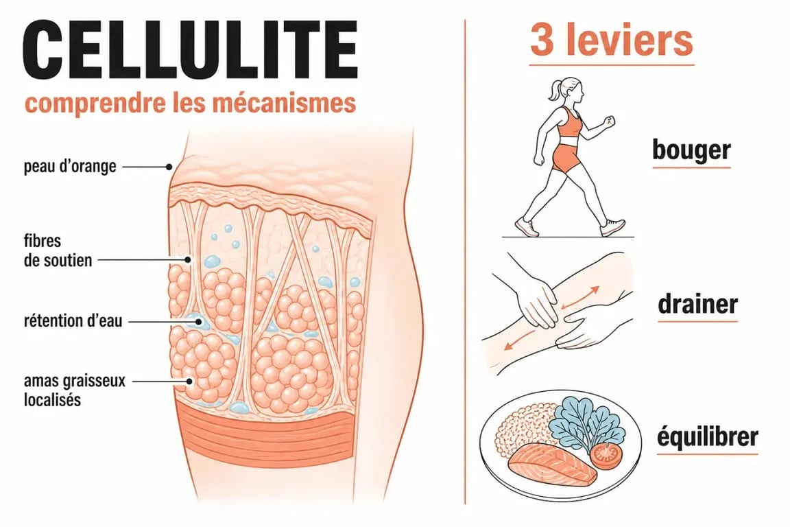 Cellulite cuisse enlever : schéma des causes sous la peau et des actions utiles