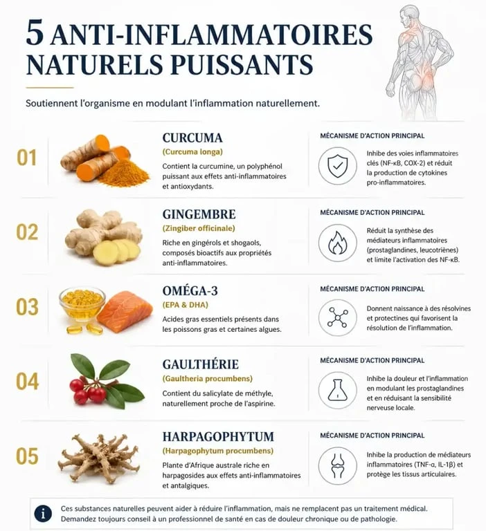 Infographie des 5 meilleurs anti-inflammatoires naturels puissants pour la santé