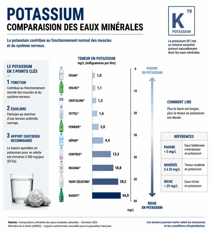 Infographie comparative de la teneur en potassium dans les eaux minérales pour la gestion de l'hyperkaliémie