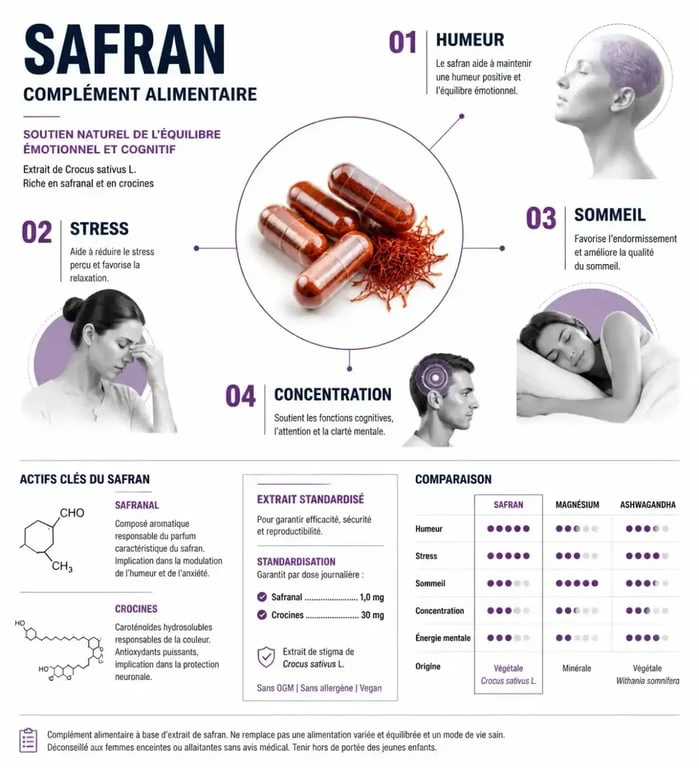 Infographie sur le safran complément alimentaire, ses effets sur l’humeur, le stress, le sommeil et la concentration