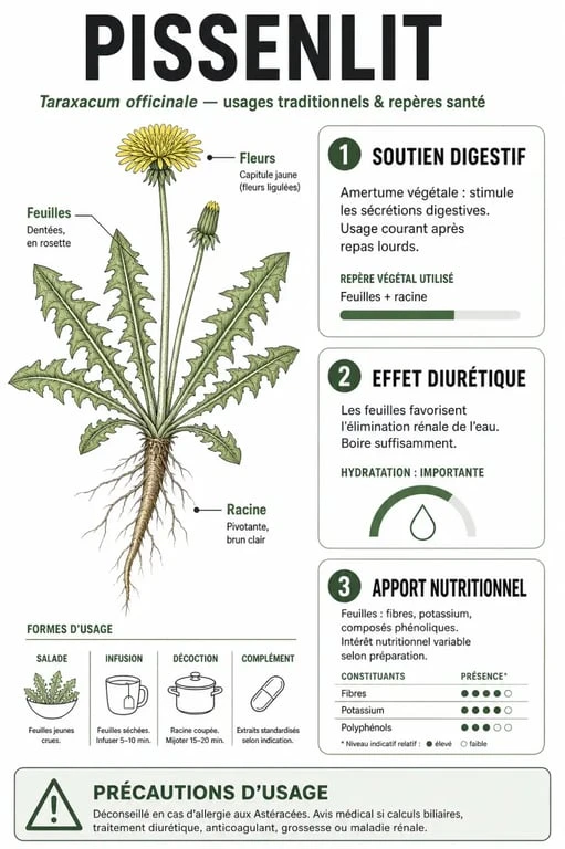 Infographie sur le pissenlit bienfait : digestion, effet diurétique, foie et précautions d’usage