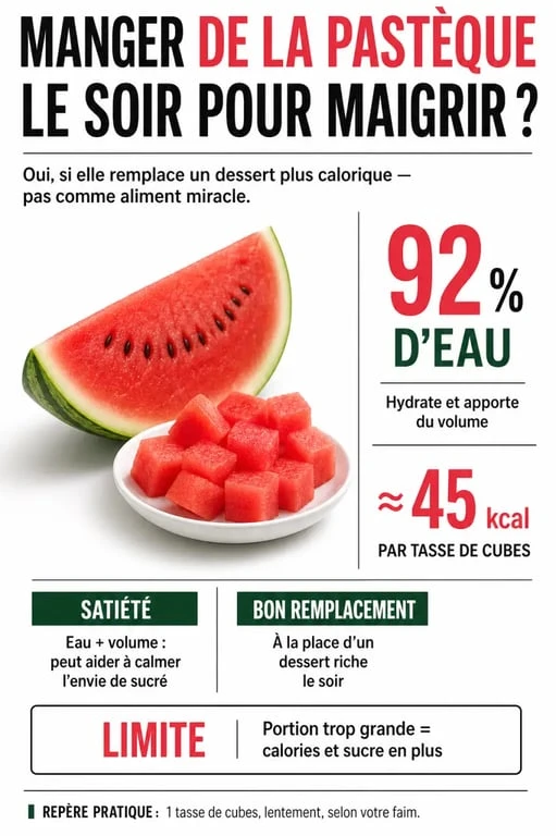 Infographie sur manger de la pasteque le soir pour maigrir, avec apports nutritionnels et conseils de portion