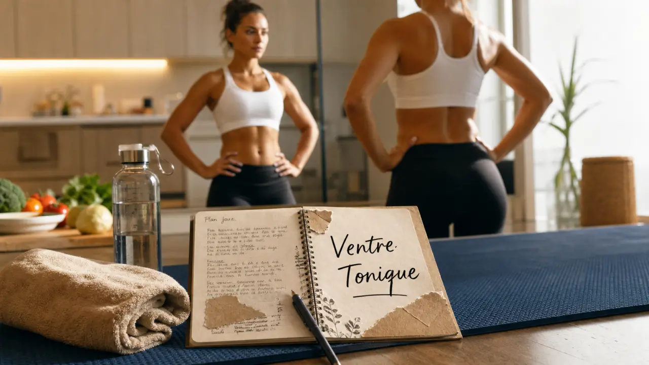 Perdre du ventre femme : posture gainée au miroir, sangle active