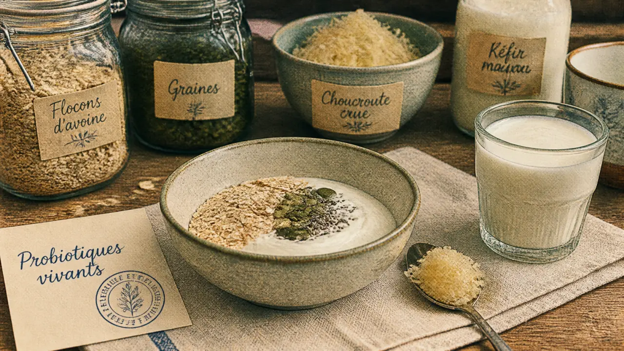 Probiotique naturel : kéfir, yaourt et choucroute sur table en bois