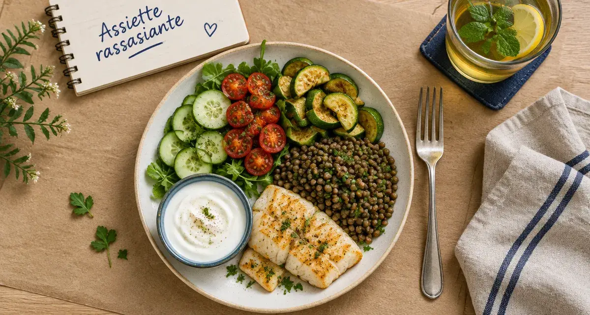 Aliments qui font maigrir : assiette rassasiante légumes, lentilles et yaourt