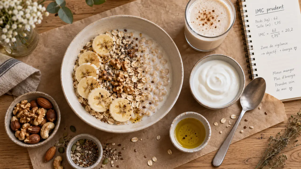 Comment grossir rapidement : repas enrichis pour prendre du muscle (porridge, yaourt, smoothie, noix).