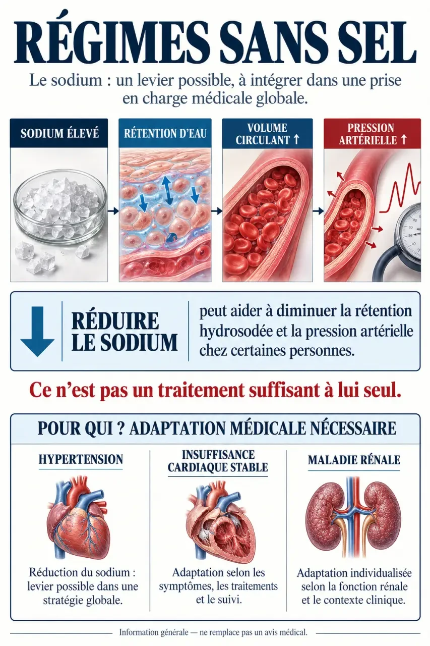 Infographie sur les régimes sans sel, le sodium, la rétention d’eau et la pression artérielle