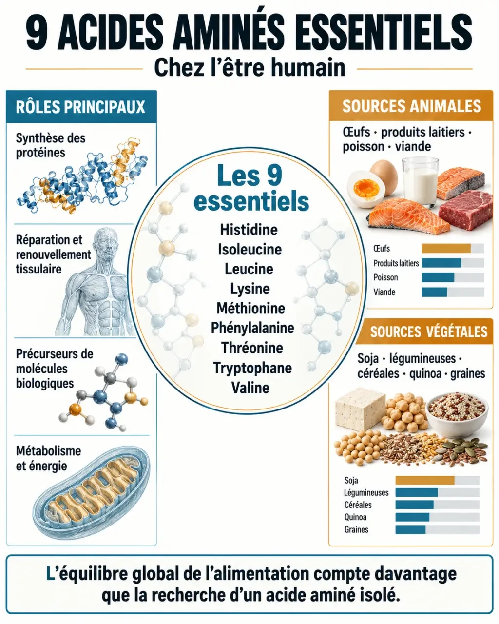 Infographie sur les 9 acides aminés essentiels, leurs rôles et leurs sources alimentaires