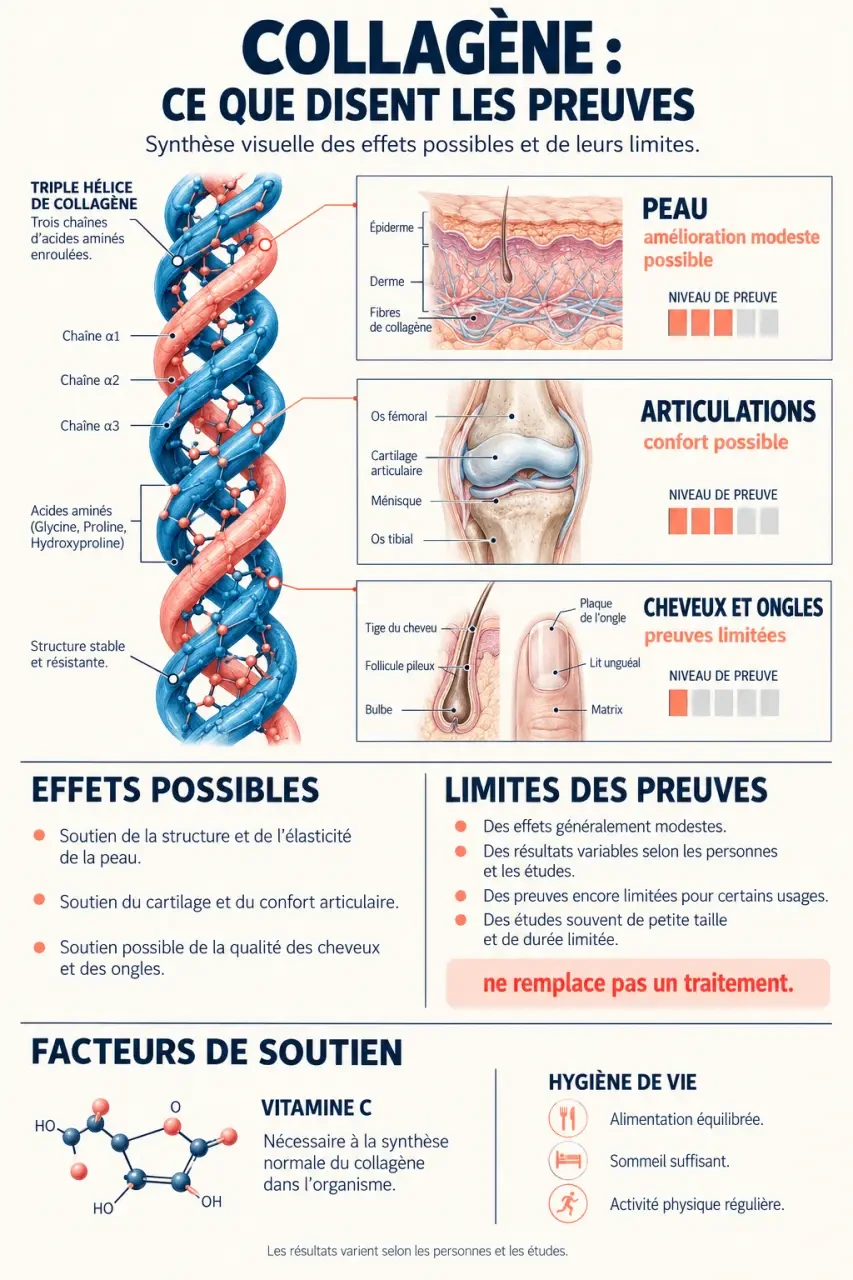 Collagene bienfait : infographie scientifique sur les effets possibles pour la peau et les articulations