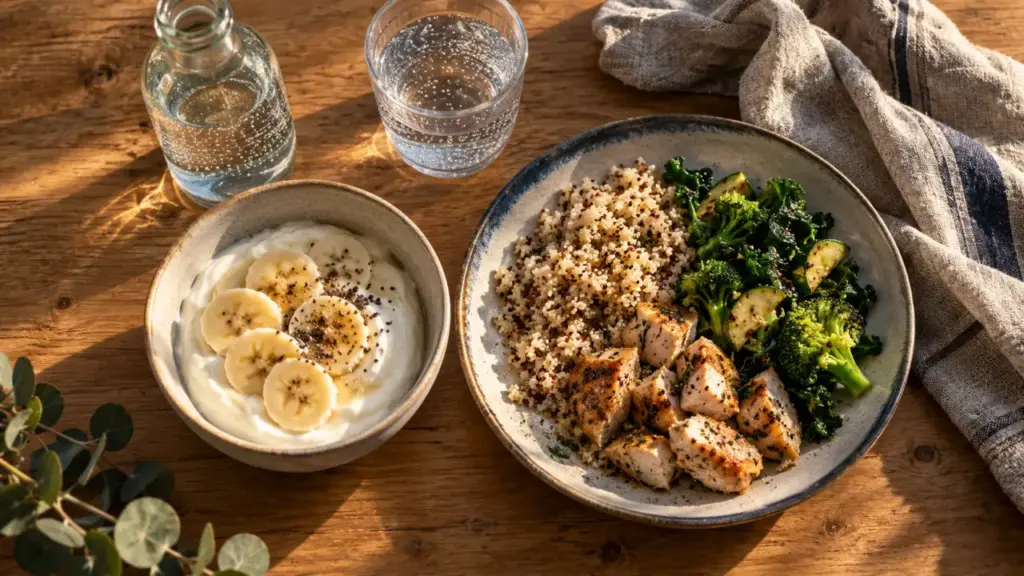 Manger apres sport : assiette skyr, riz et légumes post-entraînement