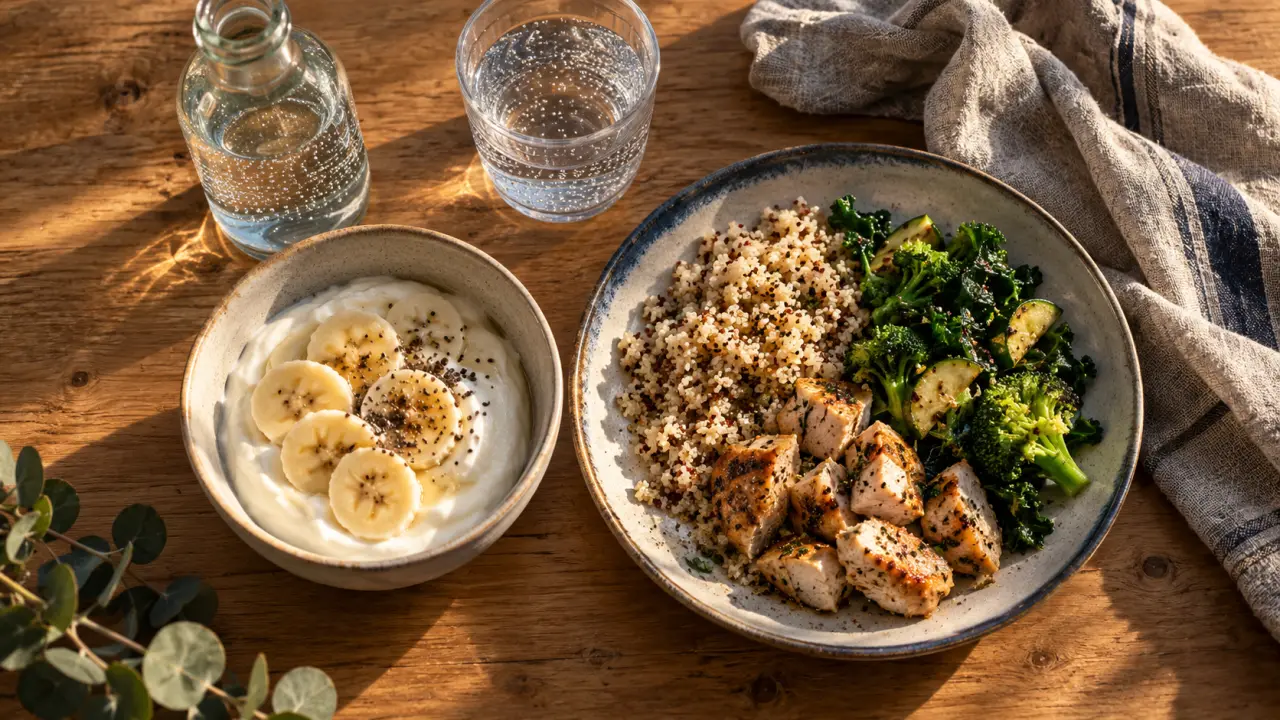 Manger apres sport : assiette skyr, riz et légumes post-entraînement