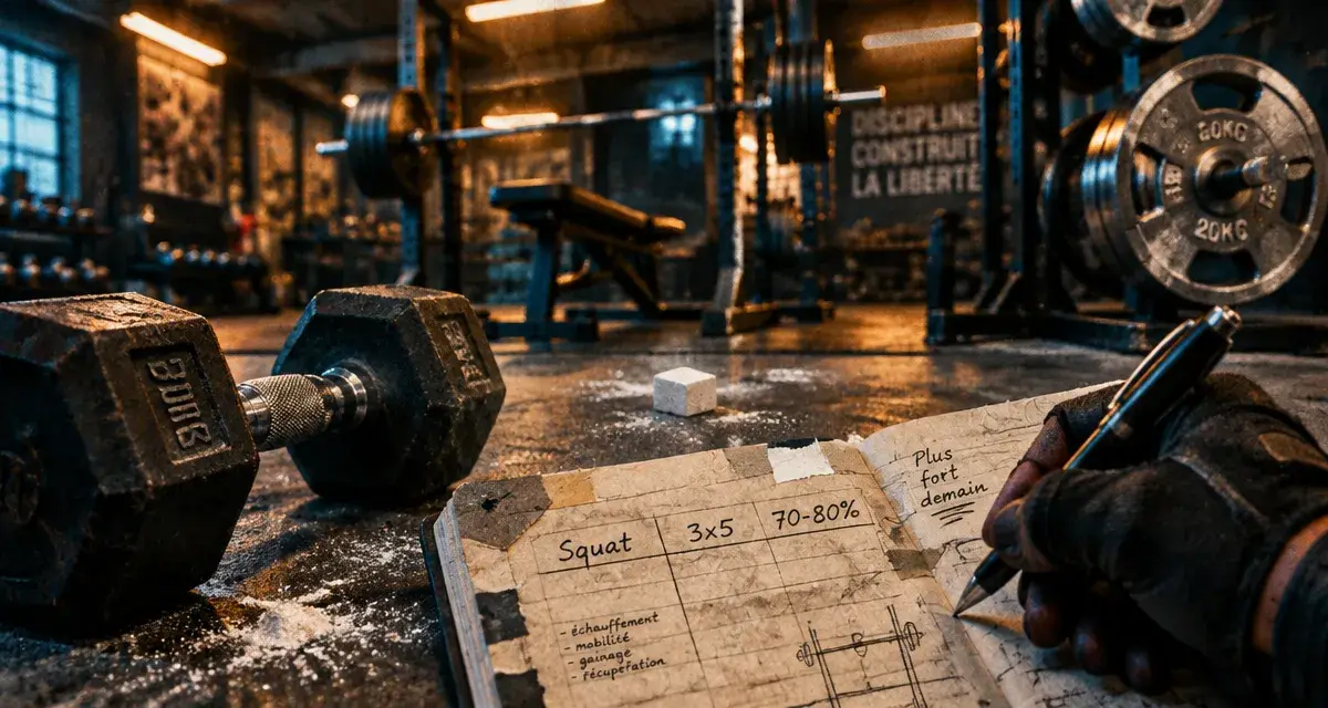 Photo powerbuilding : squat 3x5 70-80% en salle de sport